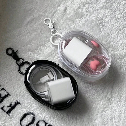 Estuche Mini Transparente con Cremallera para Auriculares y Cargador, Accesorio de Viaje con Llavero.