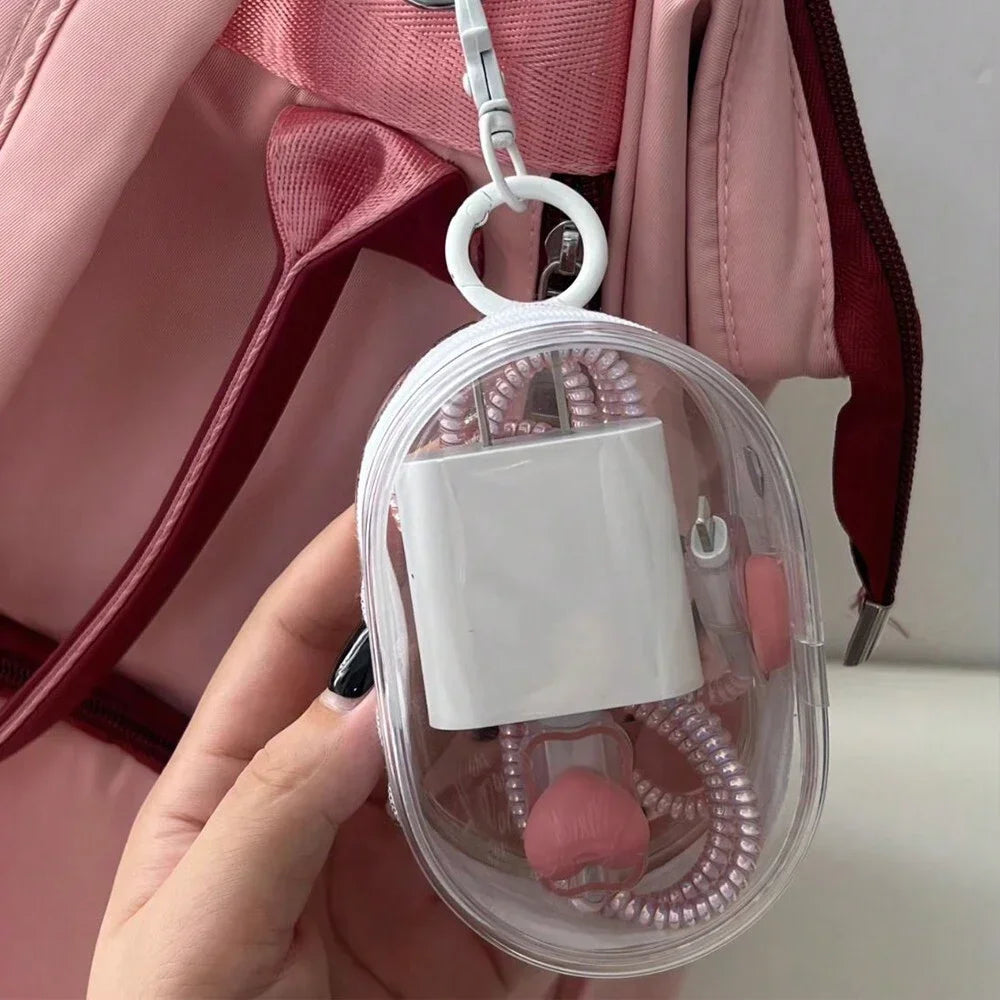 Estuche Mini Transparente con Cremallera para Auriculares y Cargador, Accesorio de Viaje con Llavero.