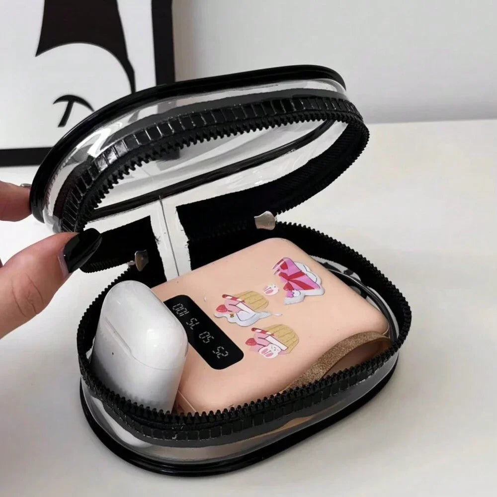 Estuche Mini Transparente con Cremallera para Auriculares y Cargador, Accesorio de Viaje con Llavero.