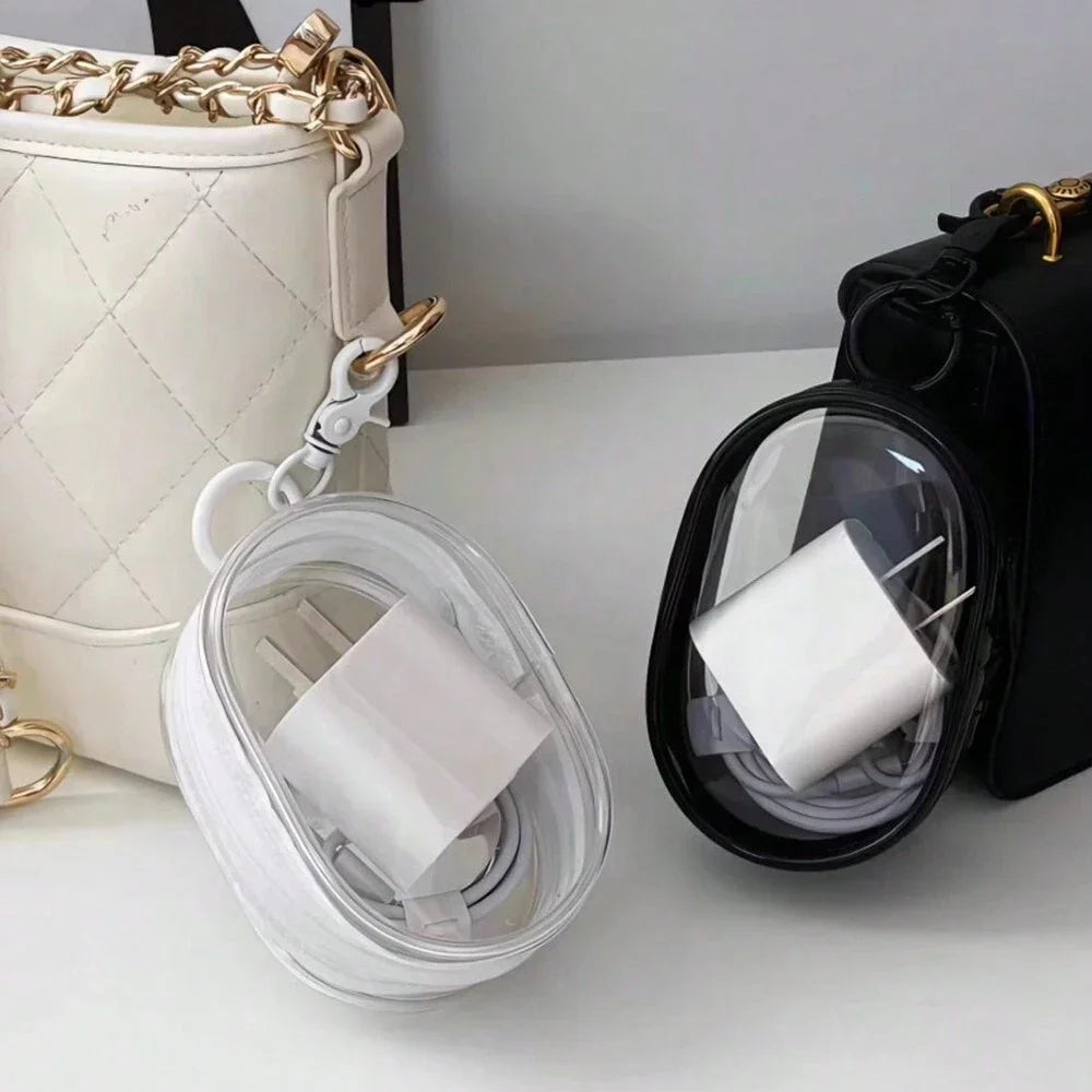 Estuche Mini Transparente con Cremallera para Auriculares y Cargador, Accesorio de Viaje con Llavero.